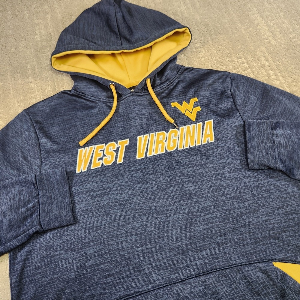 WVU Mountaineers Hoodie Men Large Football West Virginia Blue Performance Fleece